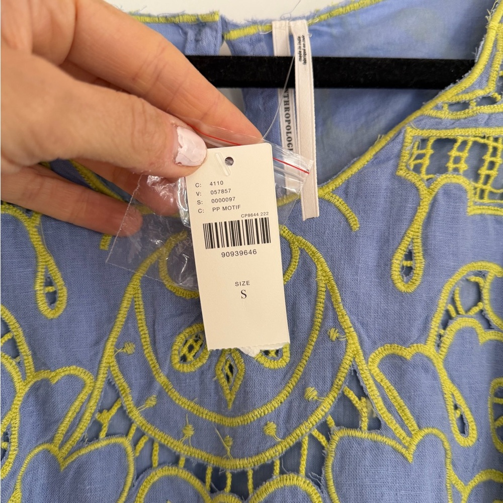 Anthropologie Embroidered Scallop Hem Flutter Sleeve Top - Light Blue/Green - Picture 2 of 3
